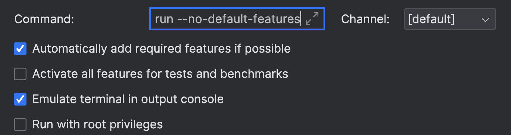 Add `--no-default-features` flag