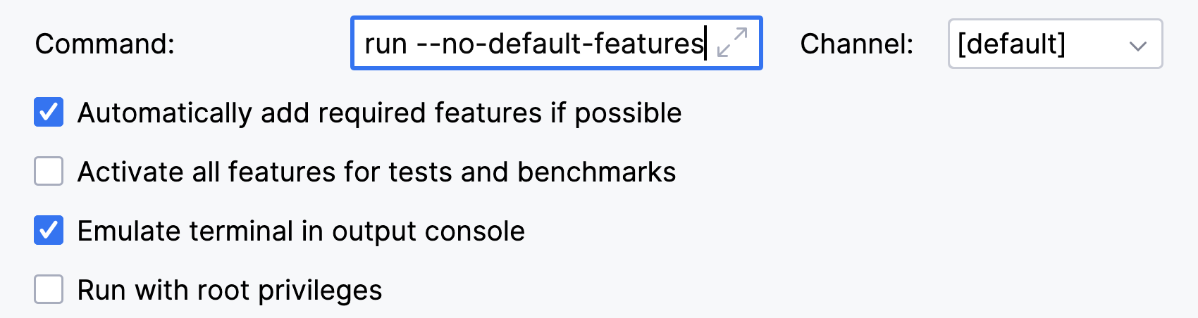Add `--no-default-features` flag